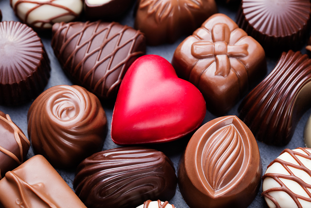 Assortment of fine chocolate candies, white, dark, and milk chocolate