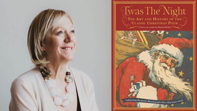 Woman wearing a white jacket and necklace at left; book cover with Santa Claus on right.