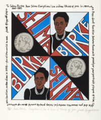 Silkscreen print with bold design of red white and blue, the portrait of Selma Burke’s face, and drawing of the dime.
