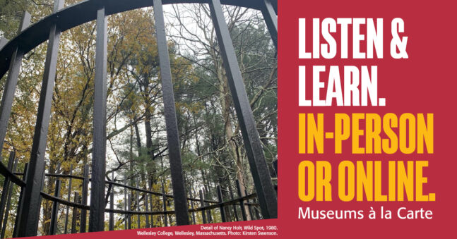 detail of a metal sculpture with trees behind it