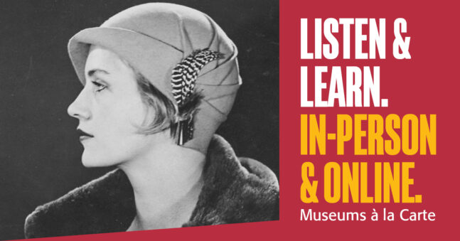 Profile of woman in a cloche hat with feather detail