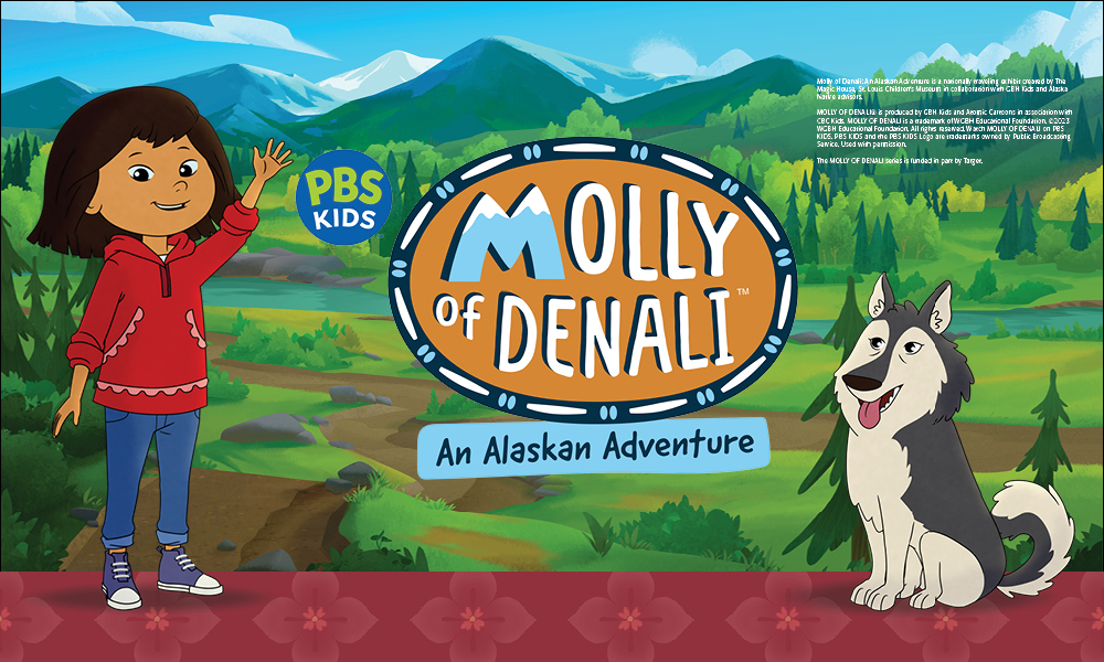 Molly of Denali Illustrations of Native Alaskan at left, and a husky dog at right.