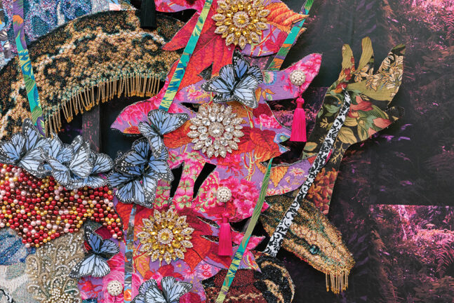 Collage of printed fabric, beads, and costume jewelry