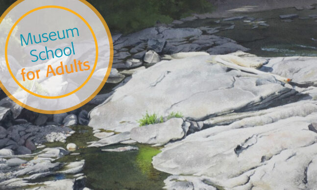 Watercolor painting of stream with rocks