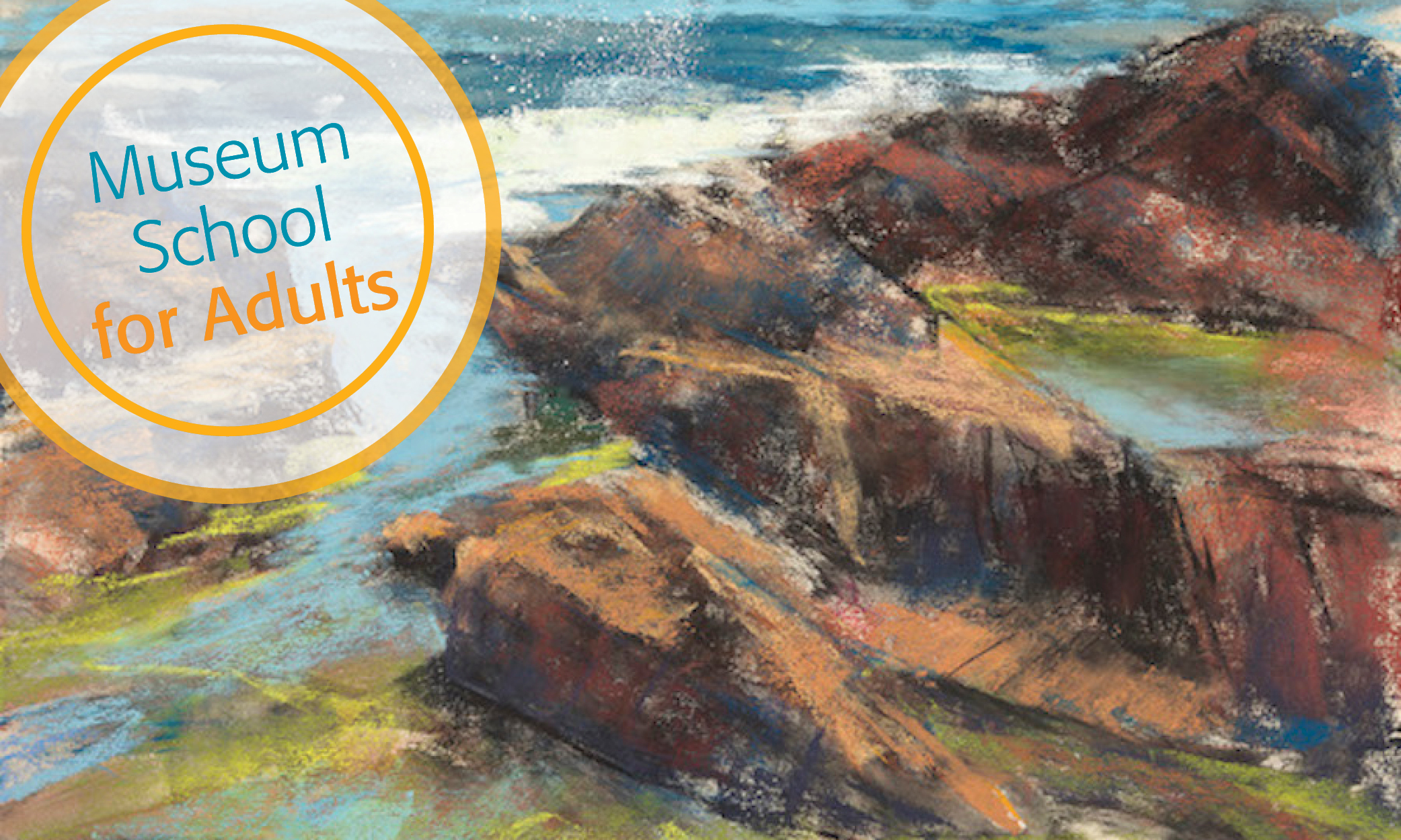 Pastel drawing of rocks near the ocean