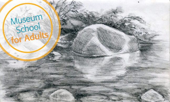 sketch of pond with rocks