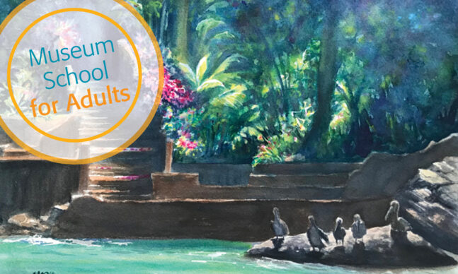 Watercolor painting of pelicans by the ocean