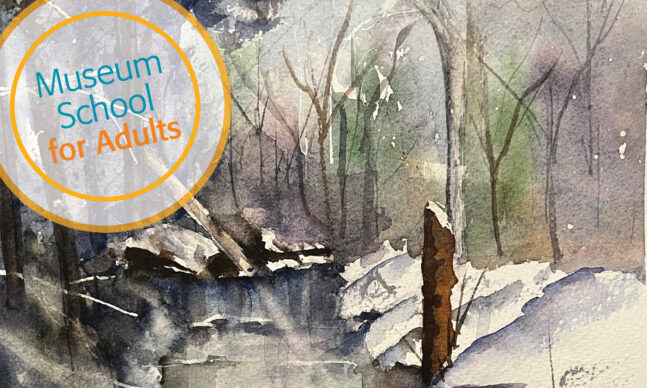 Watercolor of a stream and forest in winter