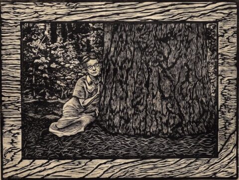 Woodcut Print Of A Woman Leaning Against A Tree