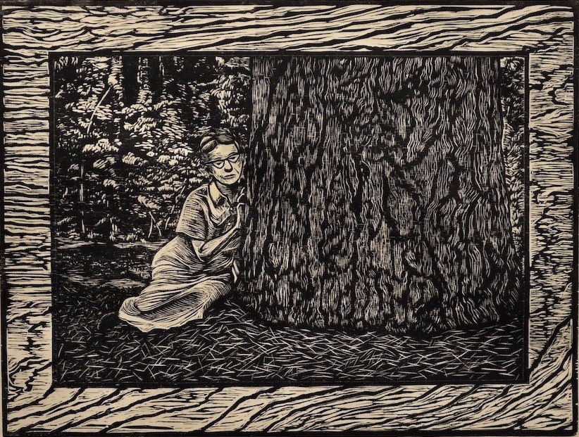 Woodcut print of a woman leaning against a tree