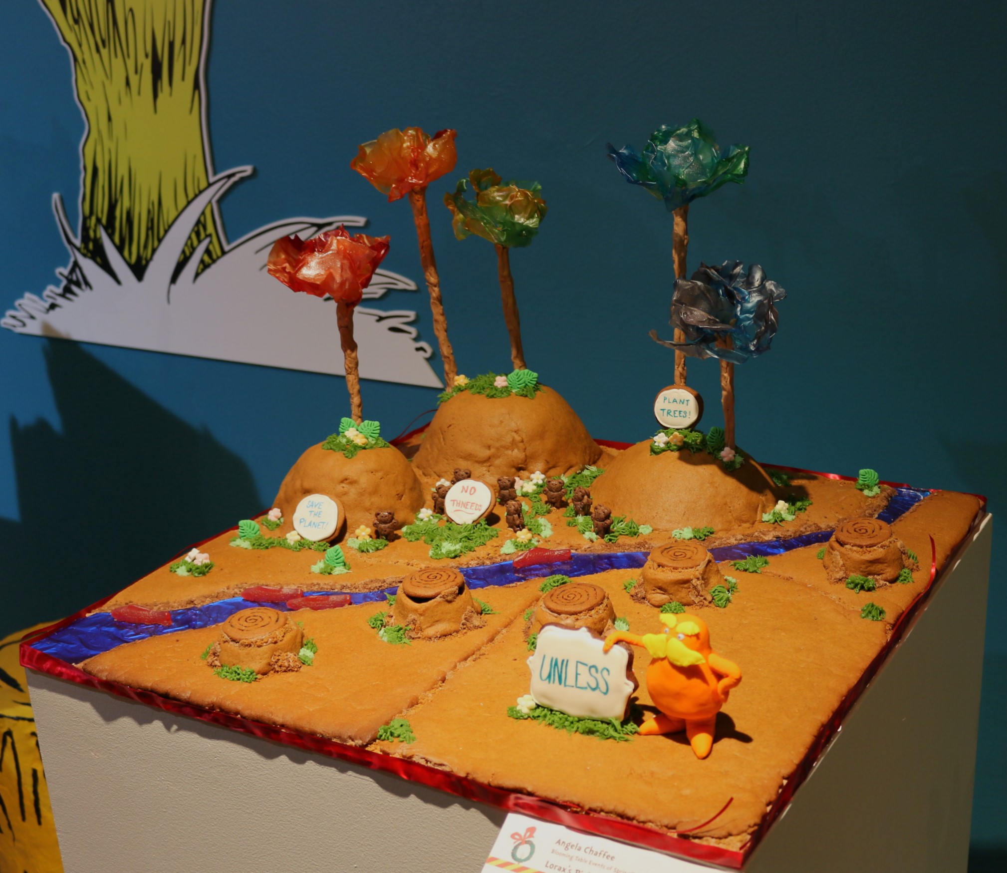 Gingerbread display titled "Lorax's Picket Line for the Planet" by Angela Chaffee