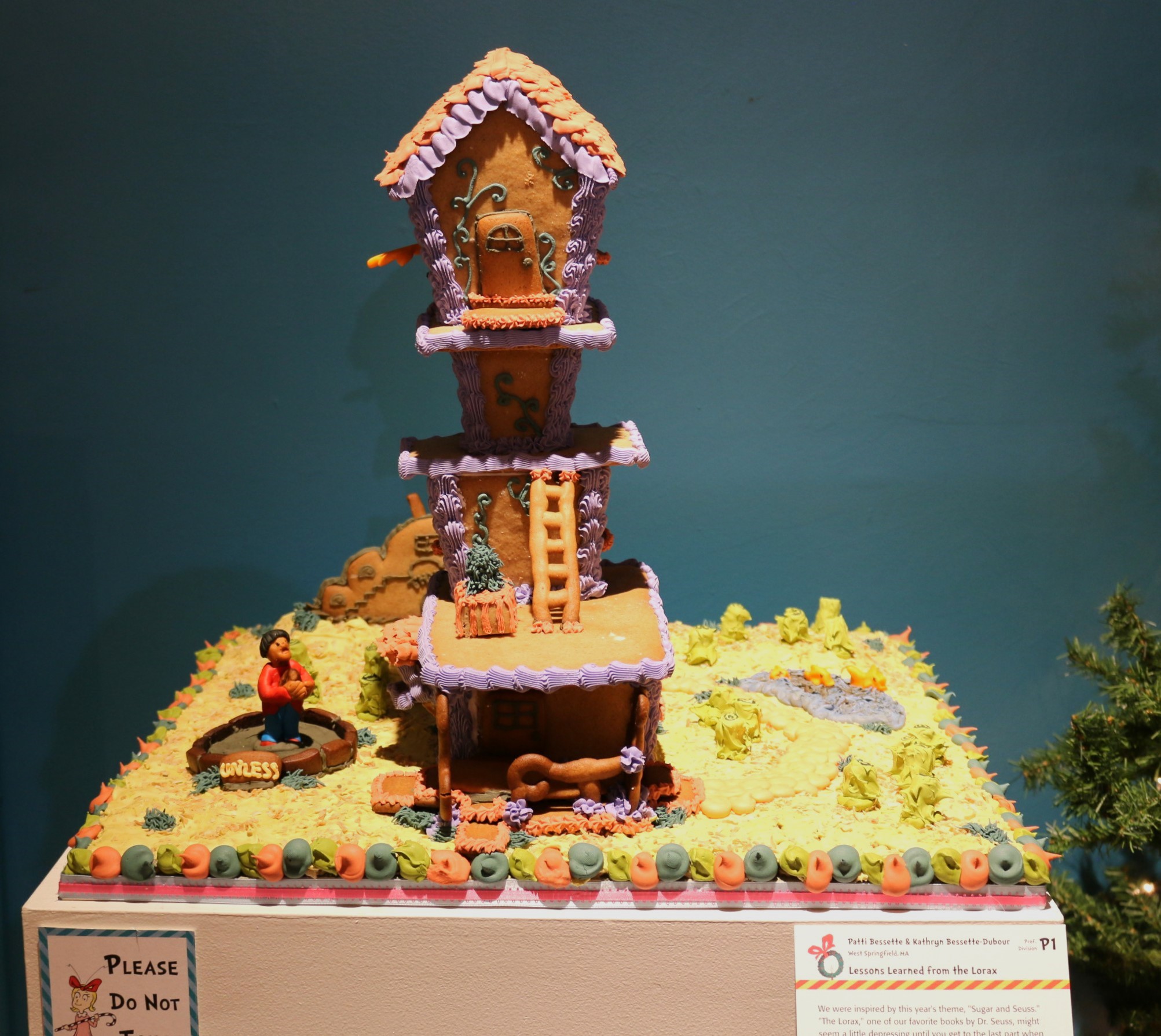 Gingerbread display titled "Lessons Learned from the Lorax" by Patricia Bessette & Kathryn Bessette-Dubour
