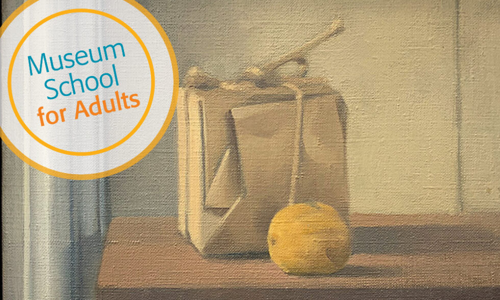 still-life painting of a wrapped package and apple