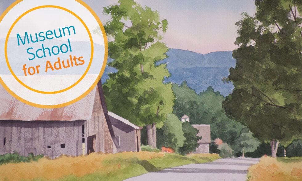 Watercolor landscape of a country road and barn