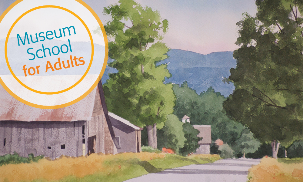 Watercolor landscape of a country road and barn