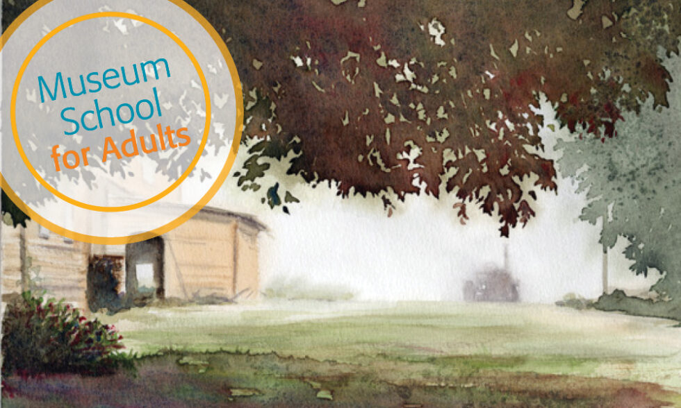 Watercolor landscape of old barn in the mist