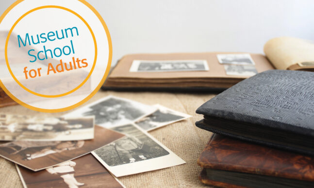 Old photo albums with vintage monochrome photographs in sepia color
