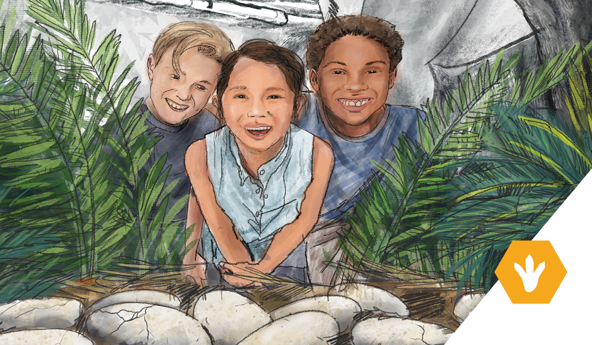 Concept drawing of three children peaking in a dinosaur nest exhibit with eggs in the foreground