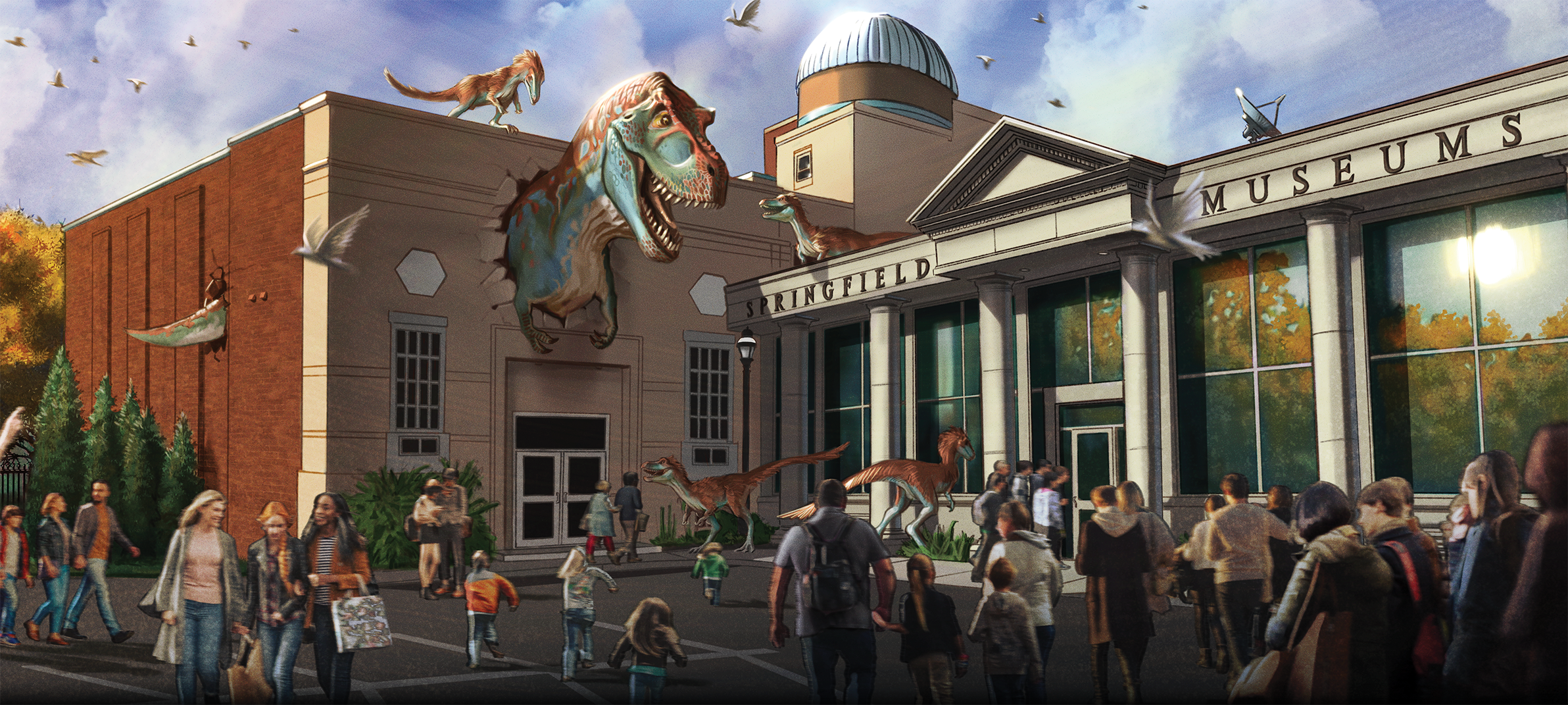 Exterior of the museum with dinosaur sculptures