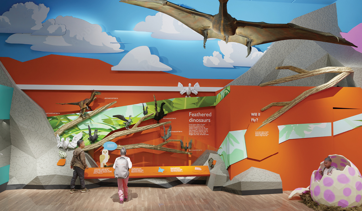 Brightly colored gallery with flying dinosaur overhead