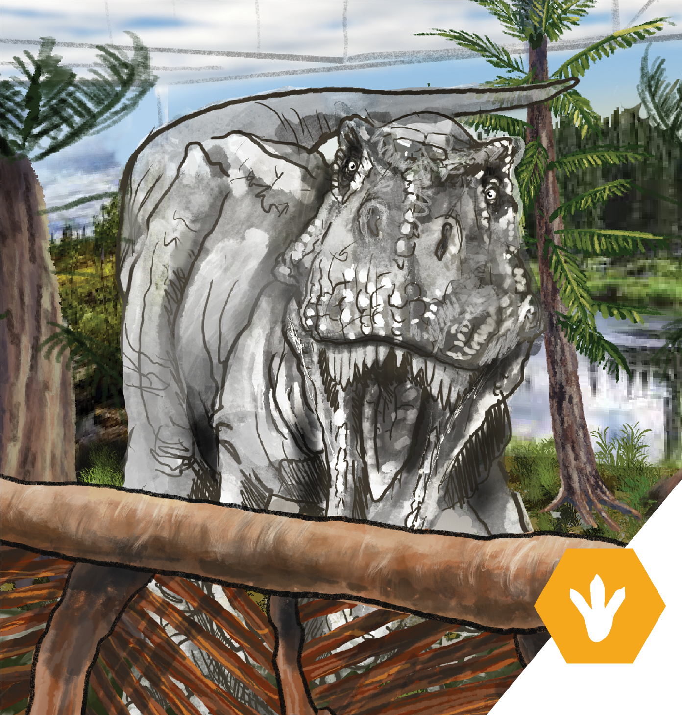 Conceptual drawing of animatronic T rex exhibit
