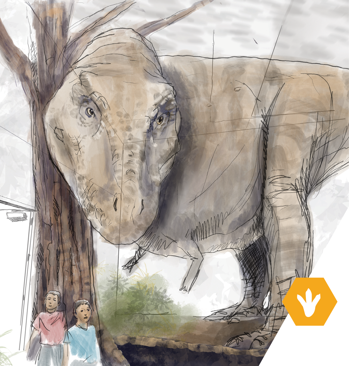 Conceptual drawing of T rex with children in foreground