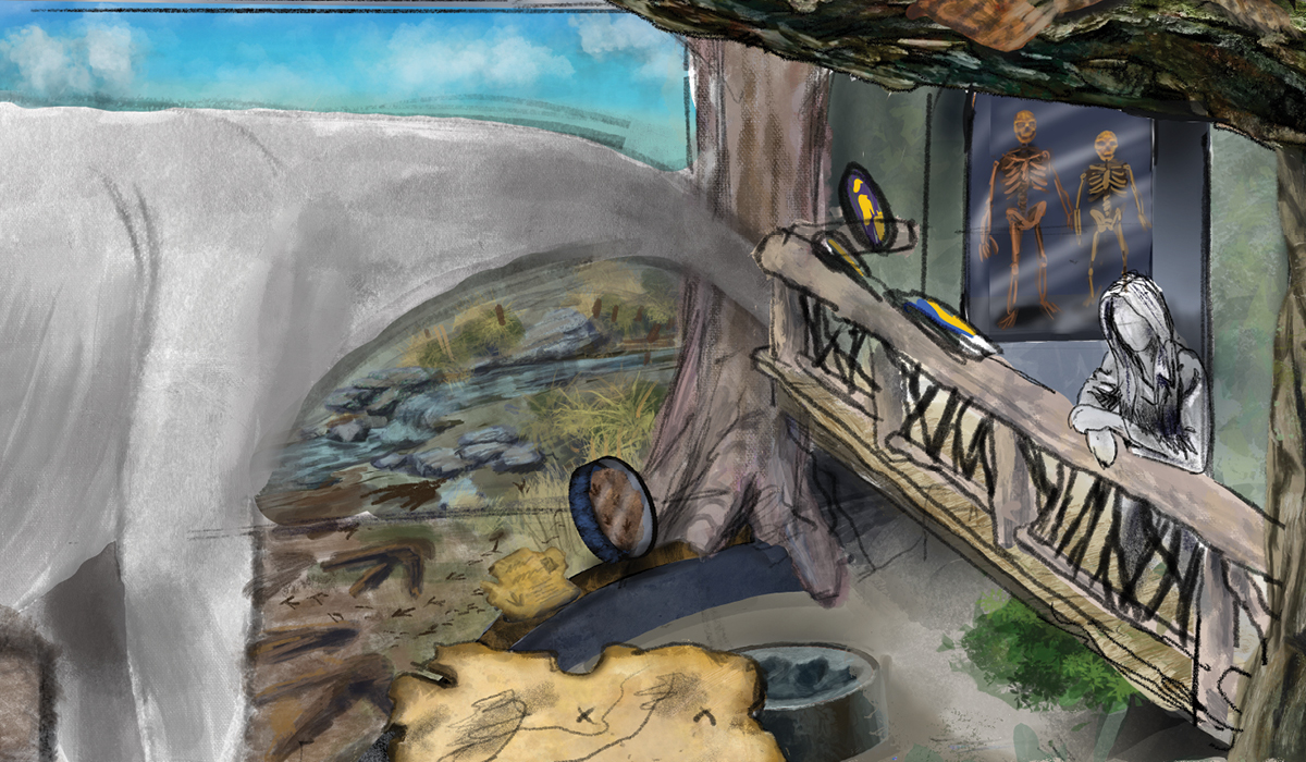 Conceptual drawing of observation deck above dinosaur exhibits