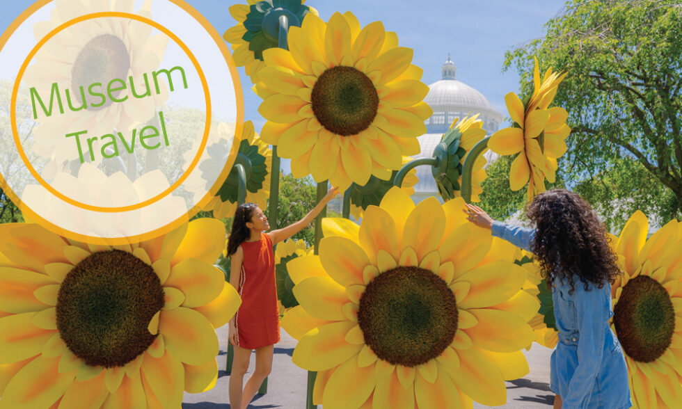 Visitors interact with oversized sunflowers at the New York Botanical Garden