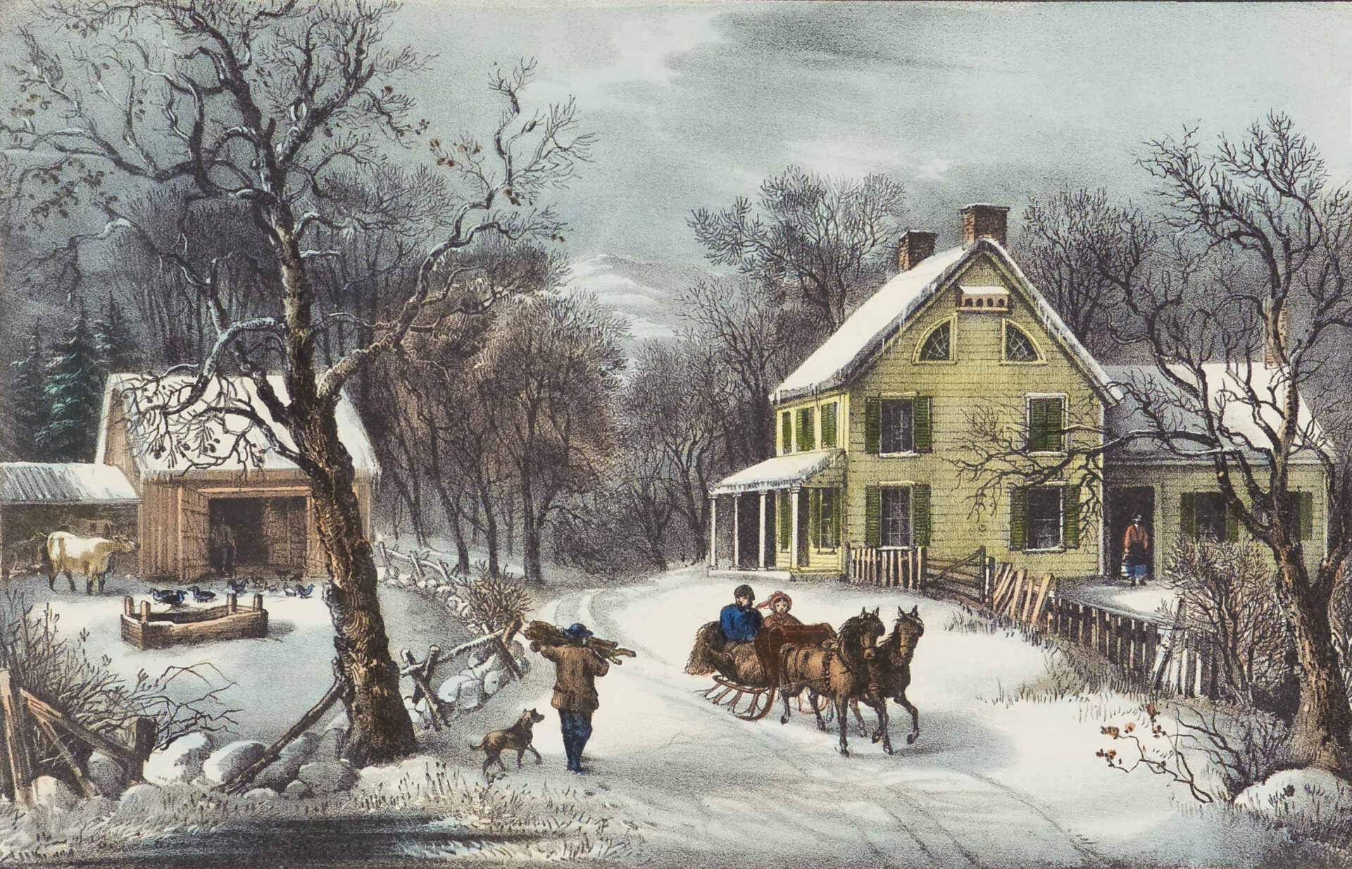 American Homestead Winter, 1868, Currier & Ives (American, 1834 – 1907), hand-colored lithograph, Michele and Donald D’Amour Museum of Fine Arts, Springfield, MA, Gift of Lenore B and Sidney A. Alpert, supplemented with Museum Acquisition Funds, 2004.D03.360