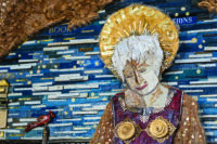 2. Saint Joan (detail), 2024, Donna Castellanos, books, encyclopedia covers, gold leaf. Courtesy of the artist