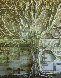 4. Communi-tree, 2017, Donna Castellanos, 1950’s World Book Encyclopedia covers, book bindings, book pages. Courtesy of the artist