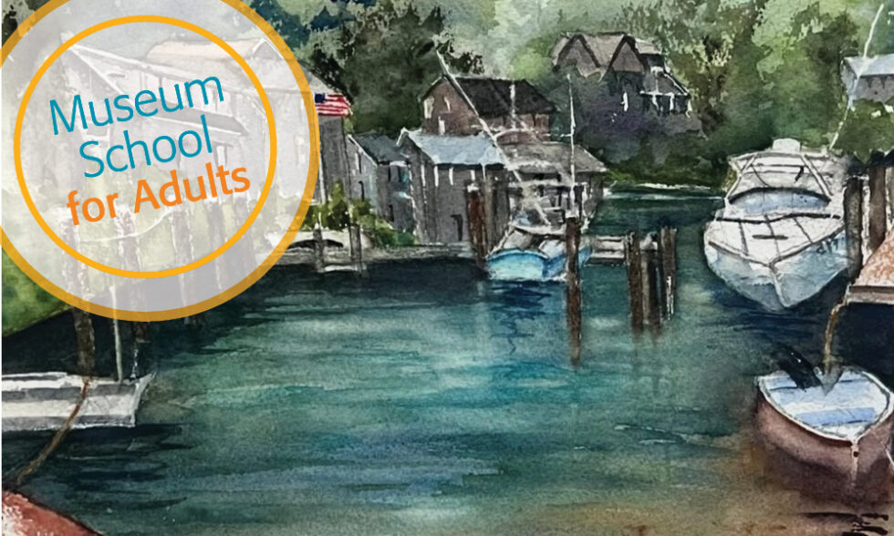 Watercolor painting of boat at a dock