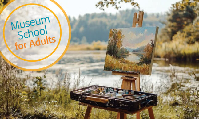easel and canvas set up in front of a pond