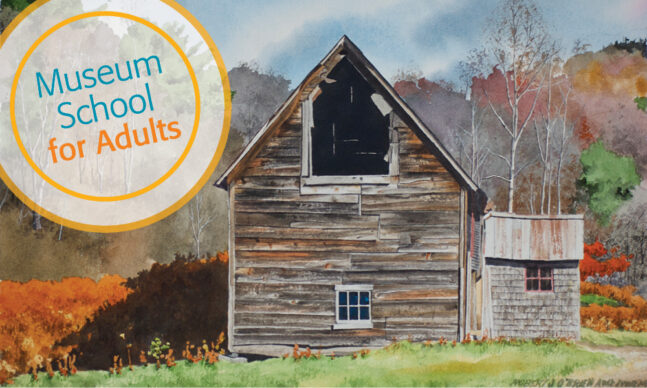 Watercolor painting of an old barn with fall trees in the background