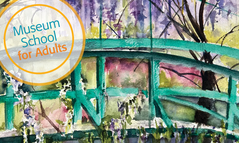 Watercolor painting of a bridge over a pond, with flowering trees in the background