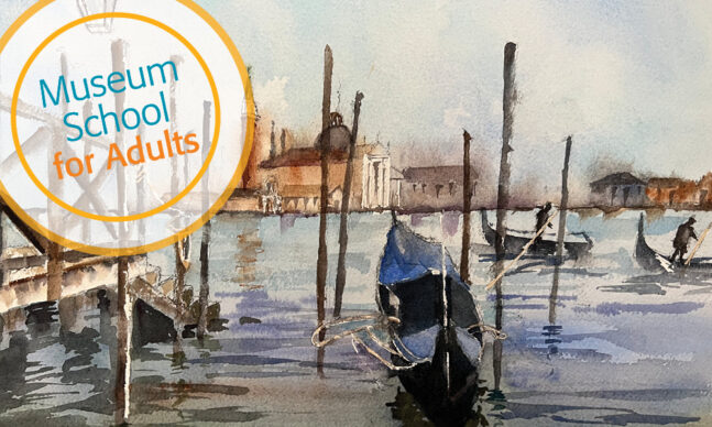 Watercolor painting of a canal in Veince Italy, with a boat in the foreground