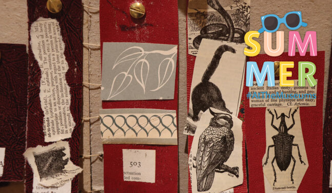 collage made of drawing and text excerpts from old books.