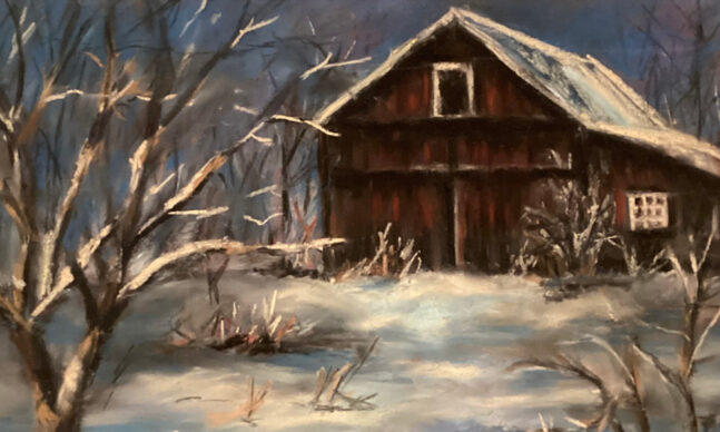 Pastel drawing of an old barn in the snow