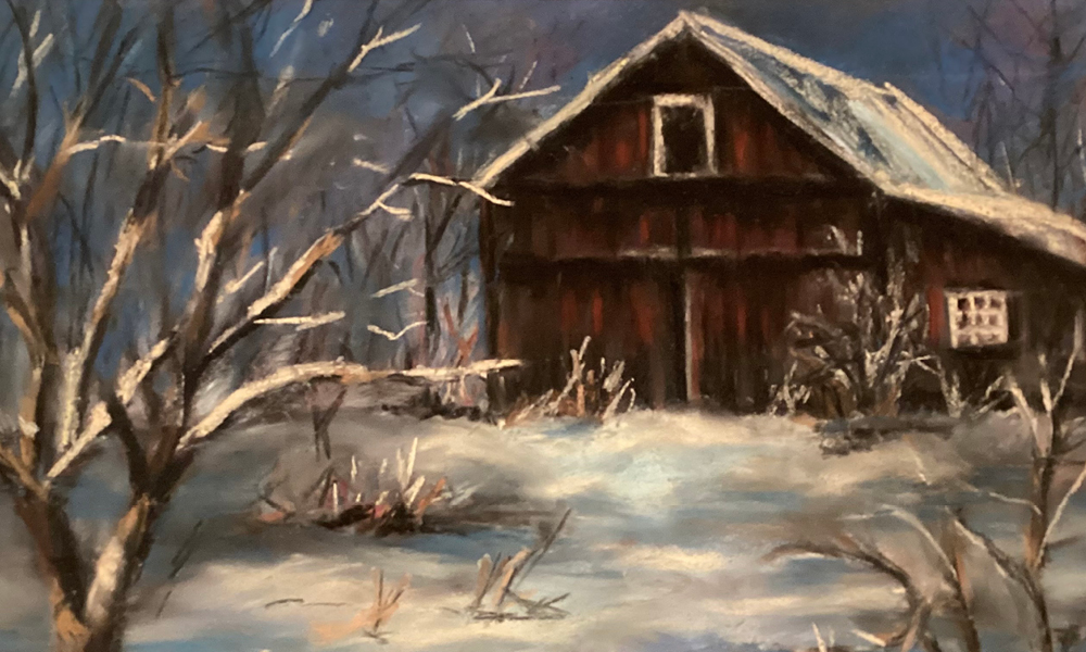 Pastel drawing of an old barn in the snow