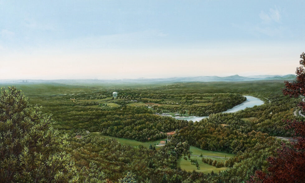 Painting of a green valley and horizon line