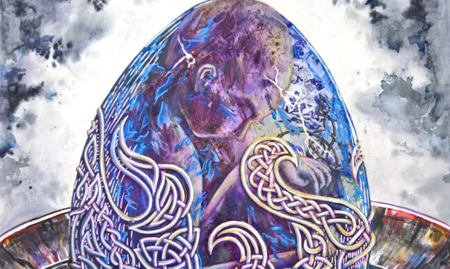 Colorful egg rendered in watercolor and colored pencil