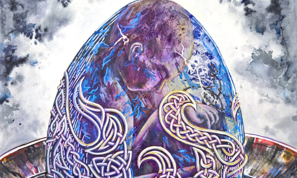 Colorful egg rendered in watercolor and colored pencil