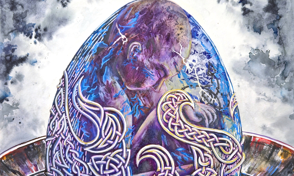 Colorful egg rendered in watercolor and colored pencil